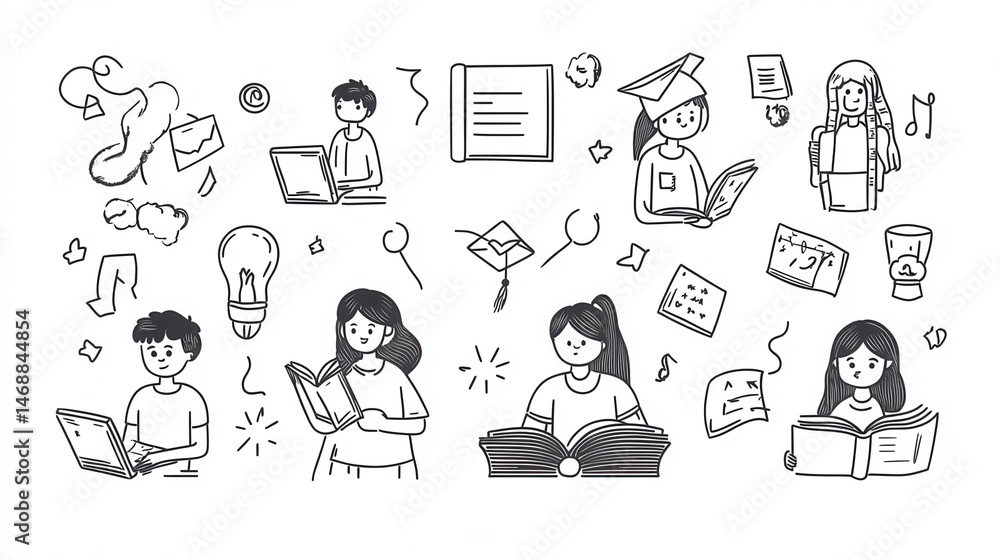 Aufkleber linear vector illustration set of isolated students in learning process. distance web learning, e-le