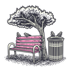 Hand-drawn Illustration of a Park Bench, Tree, and Birds with Trash Can
