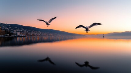 Obraz premium Two seagulls fly over calm water during a scenic sunset