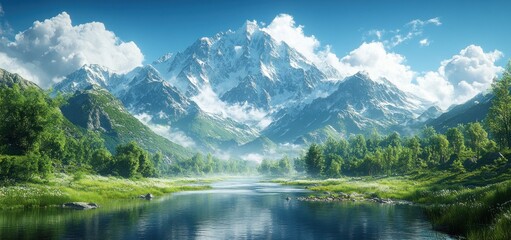 Fototapeta premium Majestic Mountain River Landscape: A Serene Panorama of Nature's Beauty