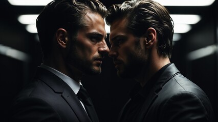 two attractive men - two hot men - two flirting men - two handsome men - two hunk guys - two hot guys - two sexy guys - two men in suits - two rival men - two opposing men.