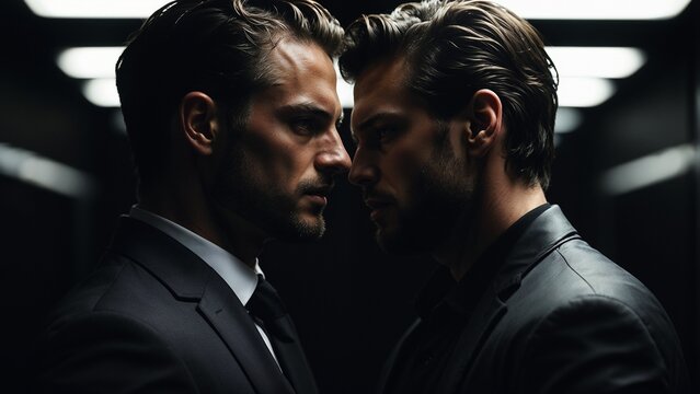 two attractive men - two hot men - two flirting men - two handsome men - two hunk guys - two hot guys - two sexy guys - two men in suits - two rival men - two opposing men.
