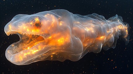 Bioluminescent deep-sea fish in dark ocean