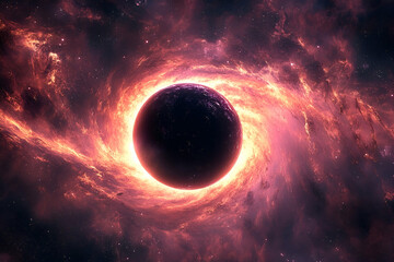 Fiery cosmic vortex surrounding a dark celestial body.