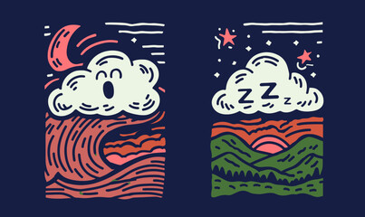 Colorful Hand-Drawn Doodles of Clouds and Nature Scenes