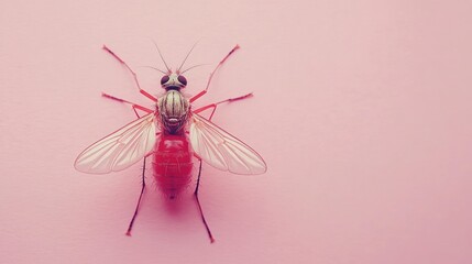 Close-up view of a crimson insect on a pastel pink backdrop.