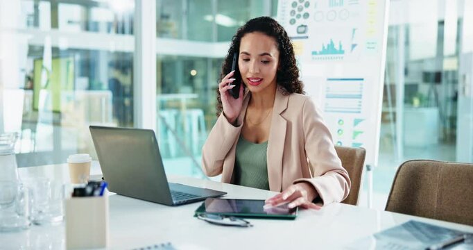 Business woman, analyst and laptop with phone call for company policy, negotiation or statistics. Female person, financial advisor or corporate analysis talking with technology for proposal at office