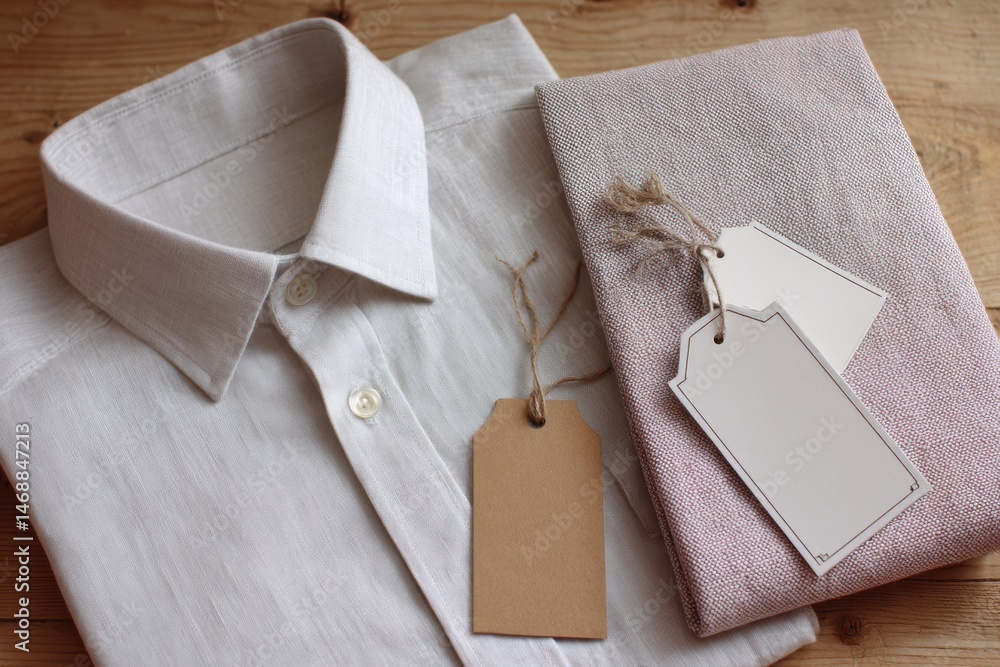 Aufkleber folded shirt and neutral tags displayed on a flat surface with a gentle background and a laid-back a