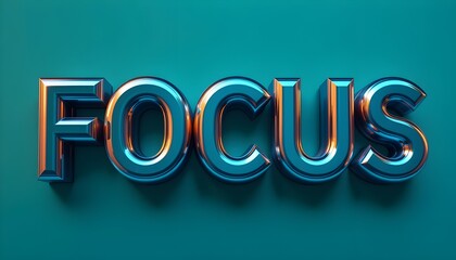 3D Metallic Focus Text On Turquoise Background - Motivation Concept For Business Success And Concentration