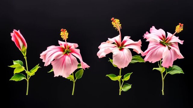 Time lapse footage of four pink Syrian Hibiscus Syracuse flowers growing blossom from bud to full blossom then withering isolated on black background