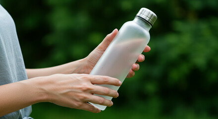Elegant woman holding a frosted water bottle against a green natural backdrop