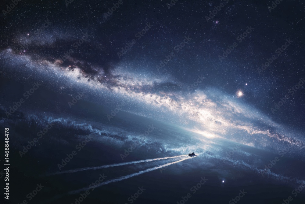 Poster exploring distant galaxies on an epic space journey through the cosmos in digital art generative ai