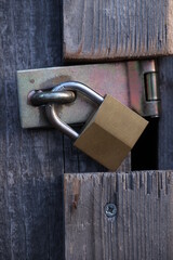 A gold lock is hanging from a wooden door