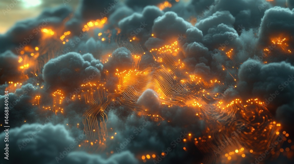 Poster a digital cloud featuring circuitry patterns and glowing nodes that symbolize data flow and connecti