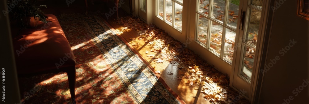 Poster light streams through a window illuminating autumn leaves on a cozy rug in a serene indoor space fil