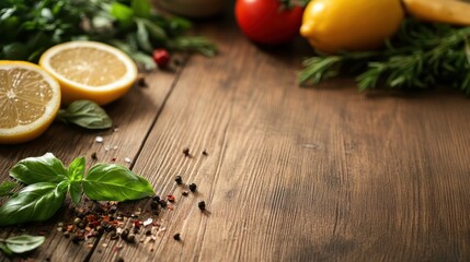 Rustic wooden background with fresh herbs, spices and citrus fruits