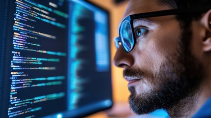Focused developer coder wears glasses working on computer looking at programming code data cyber security digital tech reflecting in spectacles developing software program, focus on eye close up view