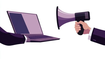 Businessmen handshake from laptops and megaphone. Collaboration and communication, corporate and cooperative business concept on white background. Bright vibrant violet vector isolated illustration i