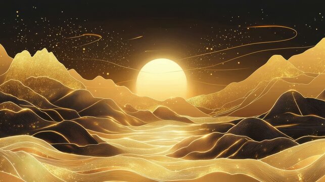 Fototapeta landscape wallpaper design with Golden mountain line arts, luxury background design for cover, invitation background, packaging design, fabric, and print. Vector illustration. illustration , no logos