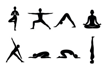 Yoga Poses Silhouette Asana Exercise Meditation Fitness Icons Collection