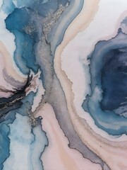 Fototapeta premium Abstract Fluid Art: Serene swirls of blues, pinks, and hints of silver create a mesmerizing abstract landscape. Perfect for adding a touch of elegance and tranquility to any space.