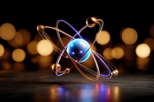 Abstract Atom with Glowing Nucleus and Energy Particles