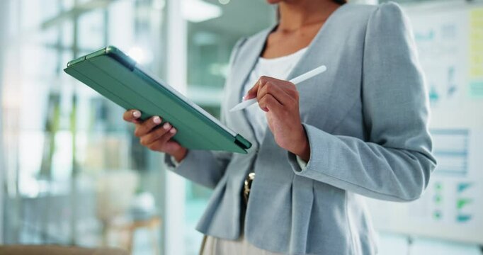 Tablet, hands and business woman with pen for electronic signature, application and financial agreement. Technology, stylus and worker writing report for data analysis, stats or investment in office