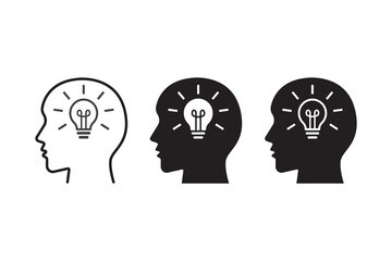 Silhouette Heads with Light Bulb Depicting Ideas and Creativity in Black and White. vector illustration