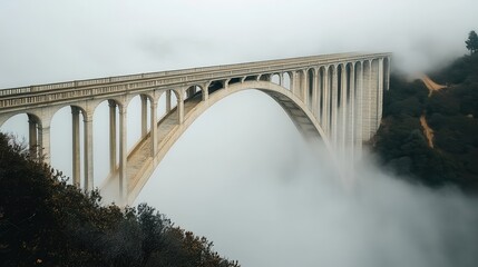 Foggy arched bridge over valley, scenic drive