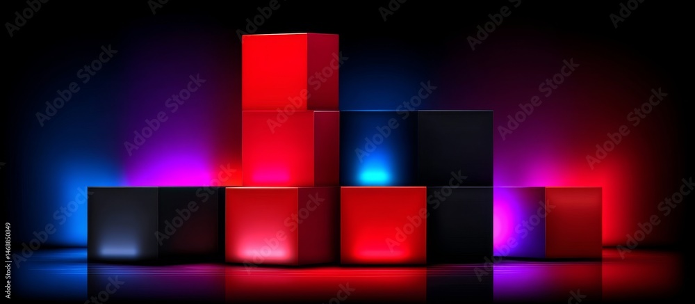 Poster abstract background with neon cubes and glowing blocks