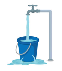 Filling tap water into a leaking bucket. Water spreads out from holes or cracks on bucket
