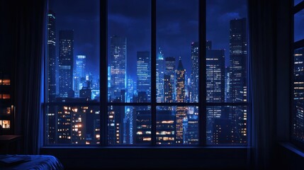 Cityscape views from a high-rise apartment window at twilight ambiance