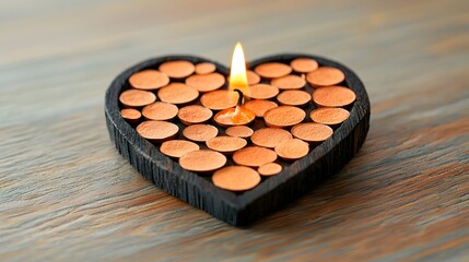 Heart Shaped Candle Holder with Burning Candle on Wooden Table