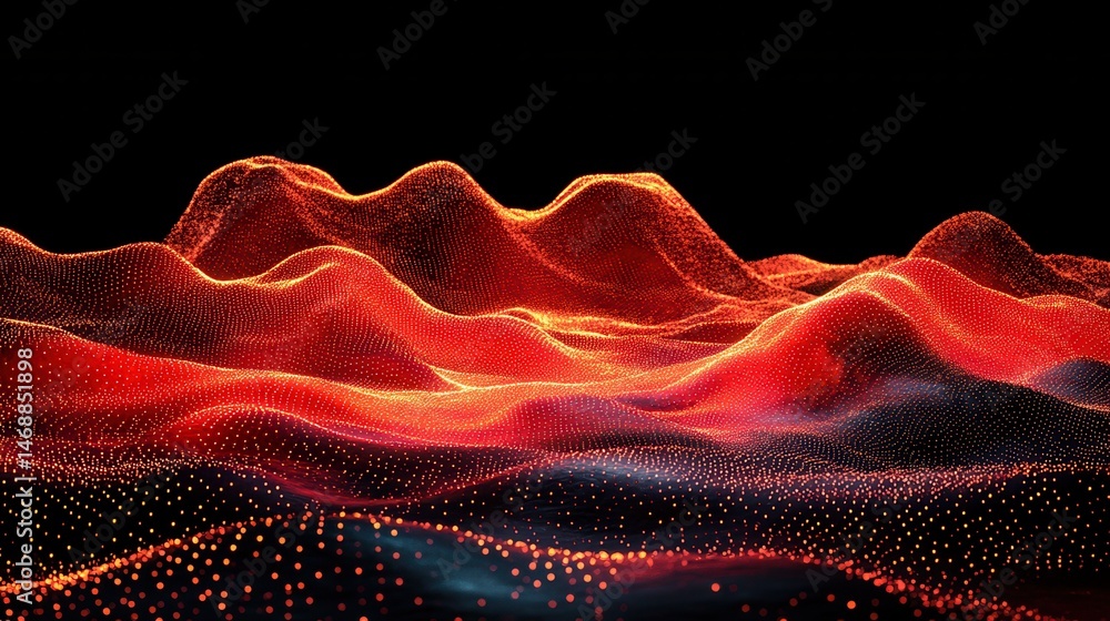 Poster abstract red digital wave with glowing particles.