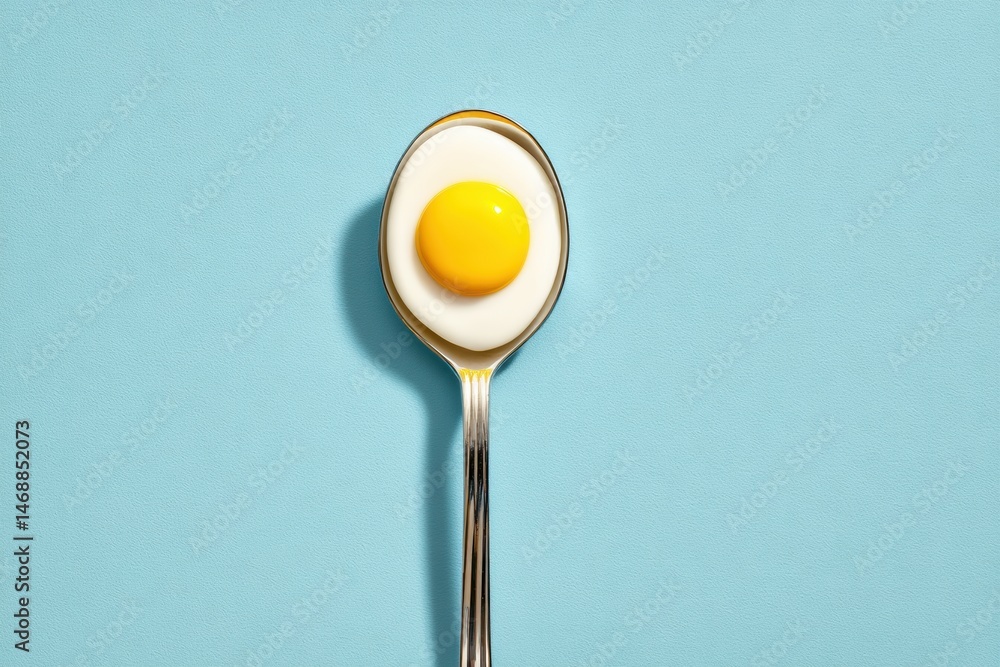 Aufkleber egg resting on a metal spoon against a soft blue background with centered space above for design gen