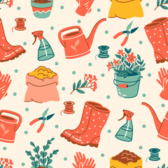 Seamless pattern. Spring gardening aesthetic with farm boots, watering cans, and plants. Cheerful tones. Packaging or fabric concept. Eco-friendly background or wallpaper