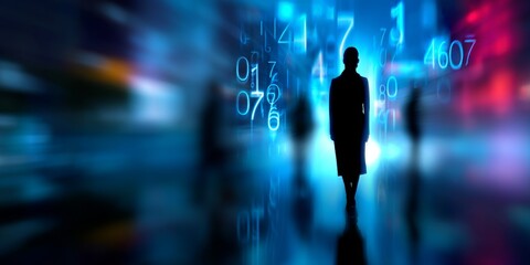 Human Silhouette in Abstract Digital Landscape with Floating Code