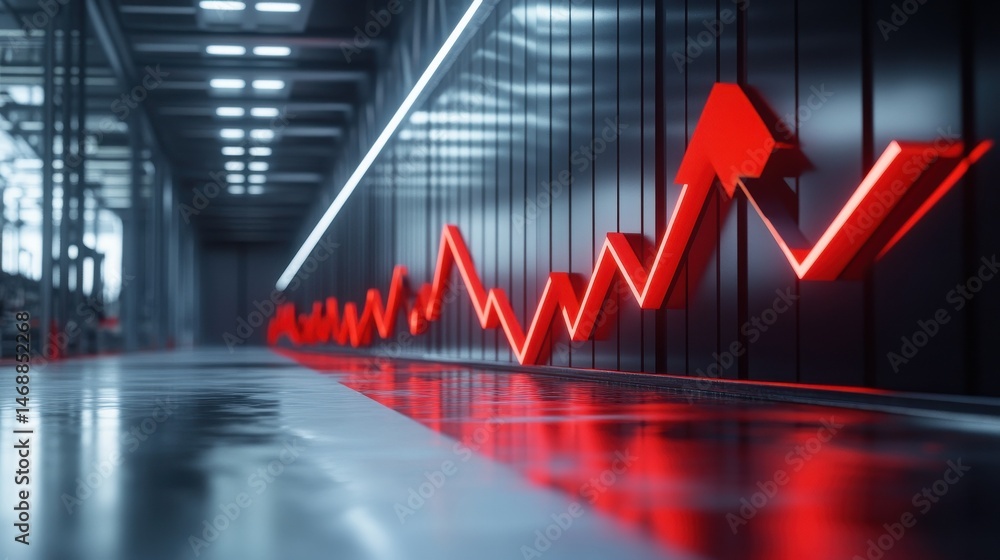 Poster upward red arrow graph in modern factory.