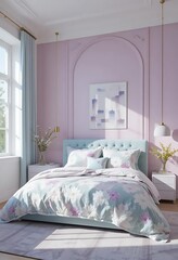 Serene bedroom interior showcasing a light blue bed with floral bedding, complemented by pastel pink walls and modern pendant lighting creating a calming sleep space