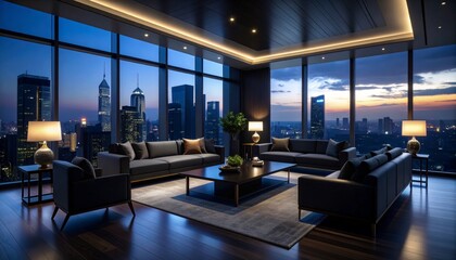 Luxurious business lounge with dark wood tones and brass accents