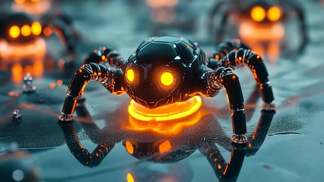 Futuristic robot spider, glowing orange eyes, metallic body, reflective surface
