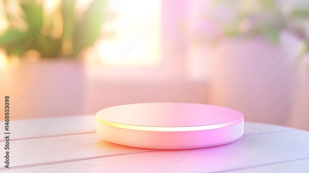Poster pink round display platform on white table with soft lighting
