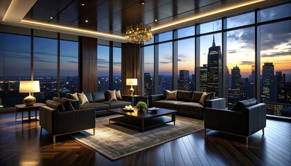 Luxurious business lounge with dark wood tones and brass accents