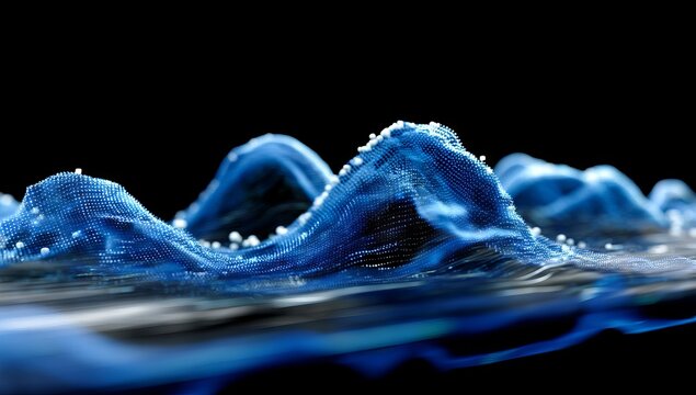 Futuristic glowing blue digital wave composed of dots and lines on black background, abstract technology concept banner