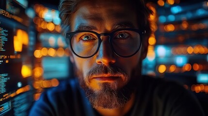 Focused man digital world screens