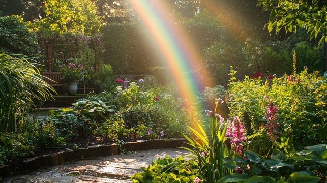A gentle double rainbow stretching across a tranquil garden, the sunlight breaking through the rain clouds and illuminating the lush plants and flowers.