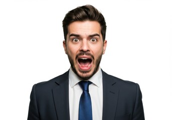 Shocked Businessman with Open Mouth in Suit Isolated on White Background