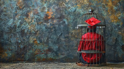 Surreal Graduation: Student in Cage with Abstract Background