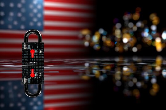 Digital Padlock Reflecting on Surface with American Flag Background