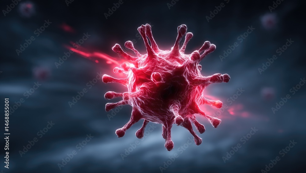 Poster glowing red virus particle on dark background